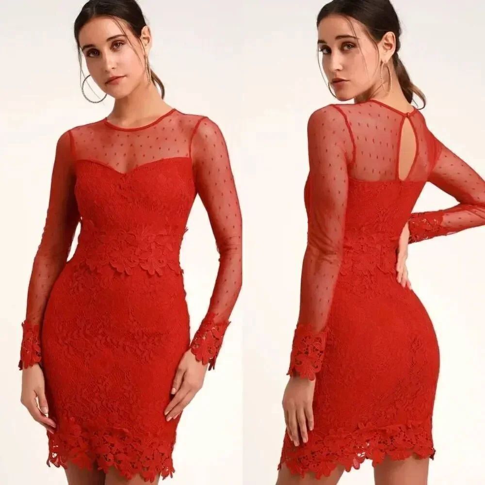 Lulus Lacey Lane Red Lace Long Sleeve Dress S NWT